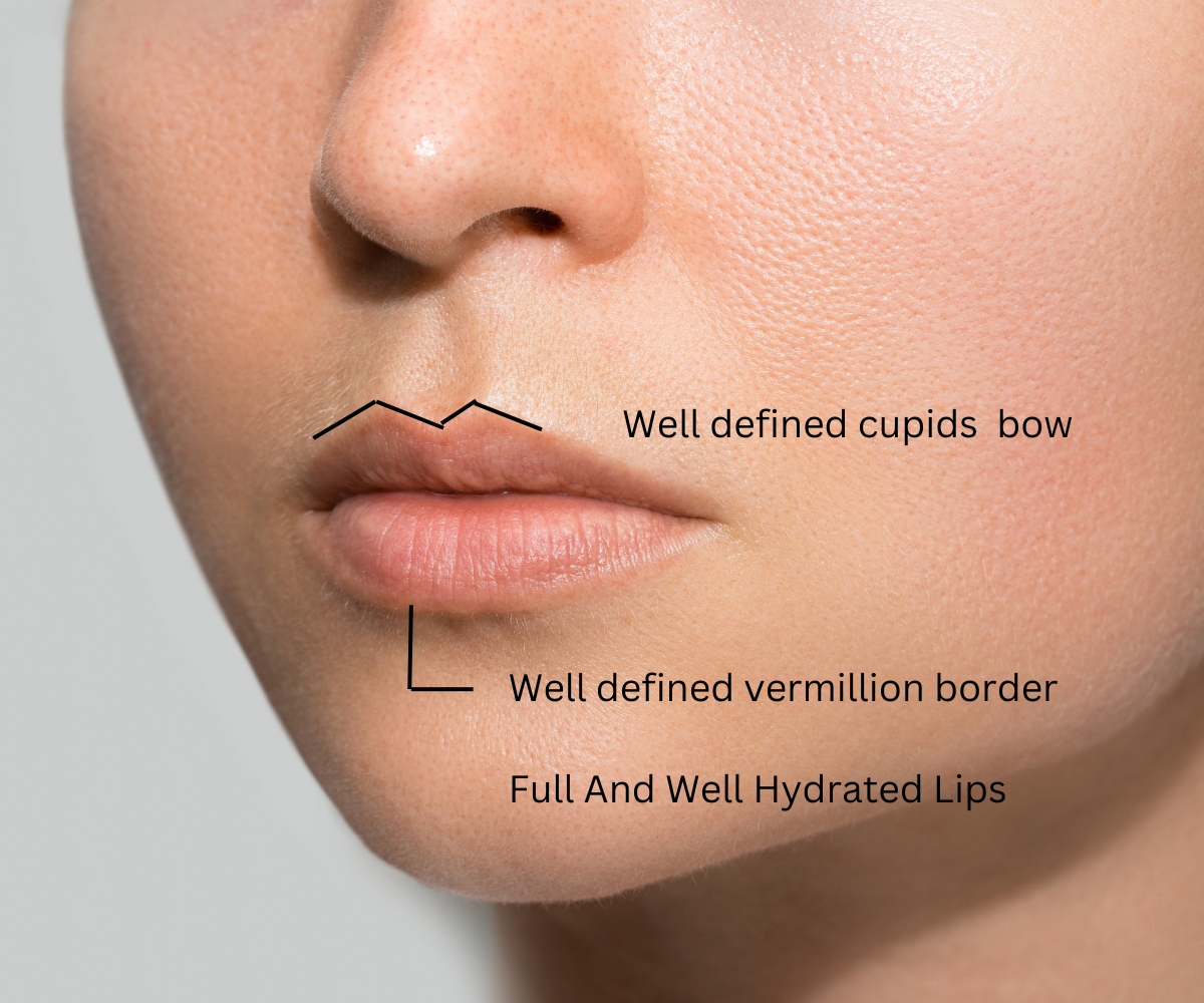 Well defined vermillion border Young woman with plump lips